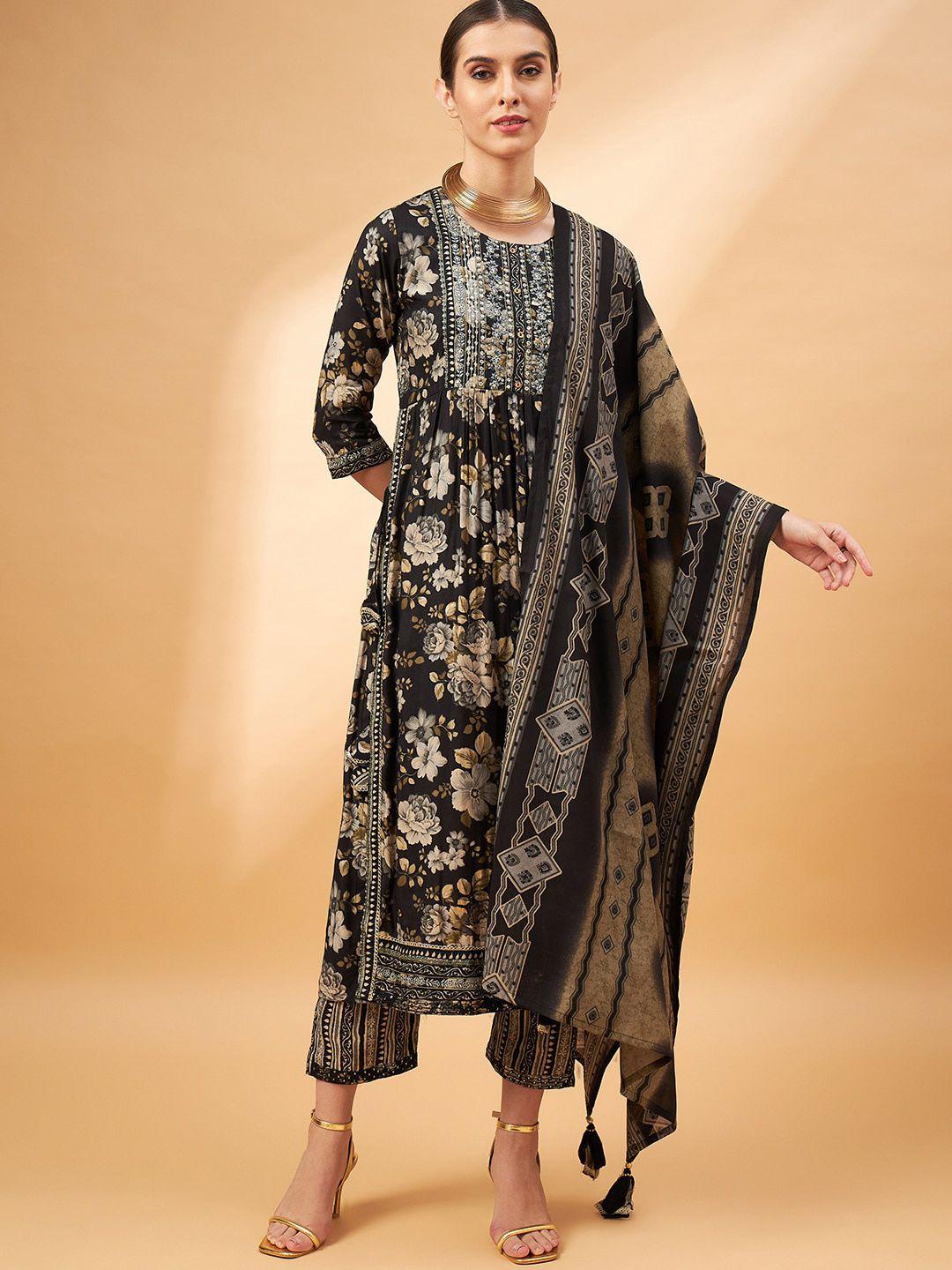 all about you black floral printed thread work a-line kurta & trousers with dupatta