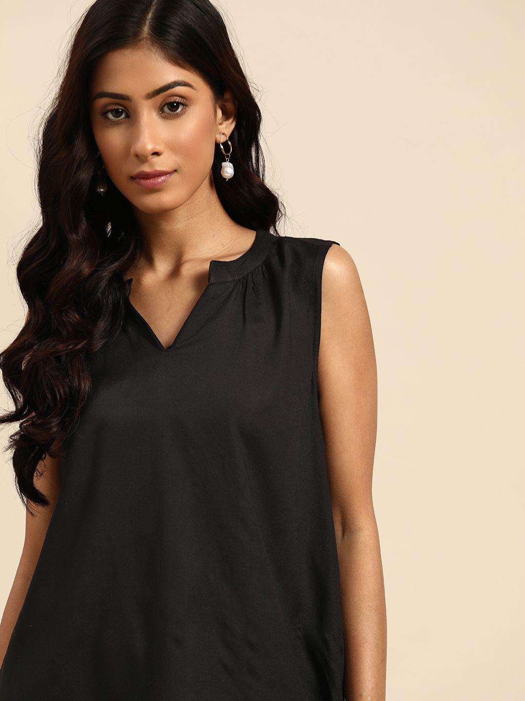 all about you black solid mandarin collar regular top