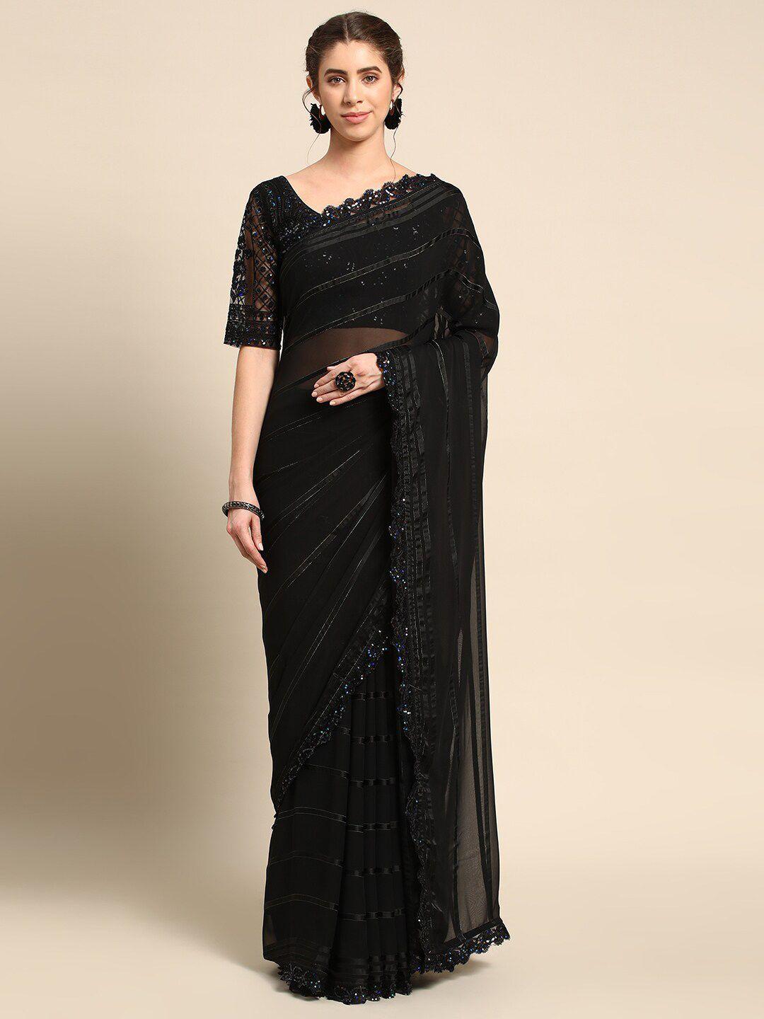 all about you black striped sequinned pure silk saree