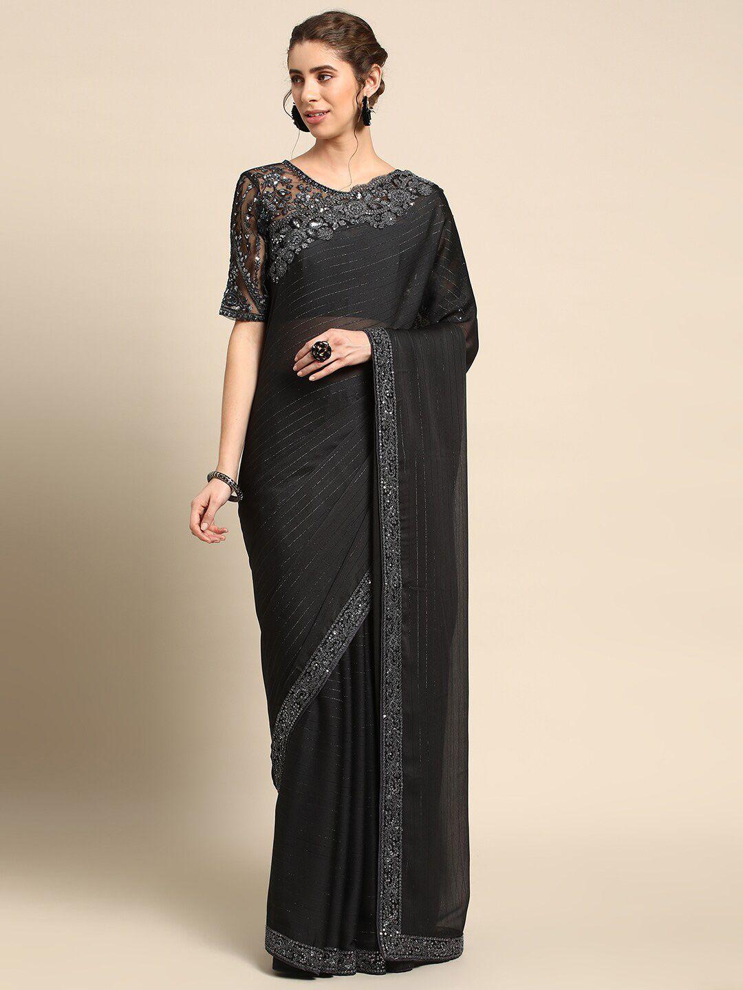 all about you black striped sequinned silk blend saree