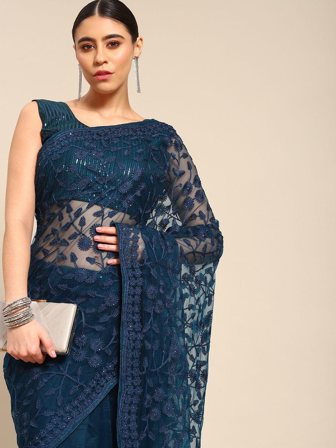 all about you blue & navy blue floral embroidered net saree