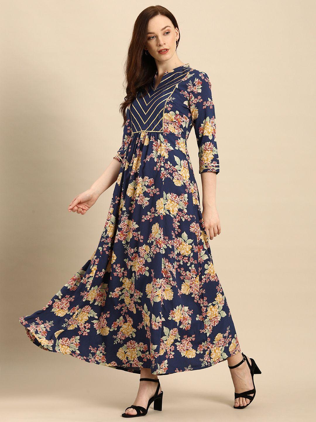 all about you blue & red floral printed mandarin-collar maxi dress