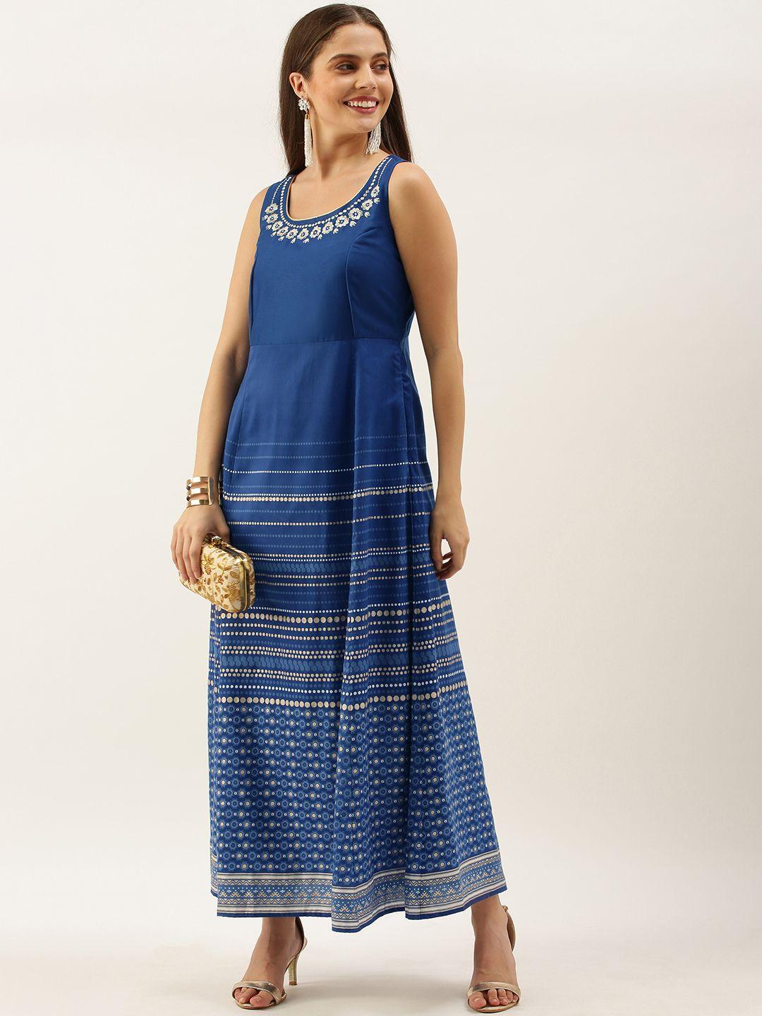 all about you blue & white printed a-line maxi dress with embroidery