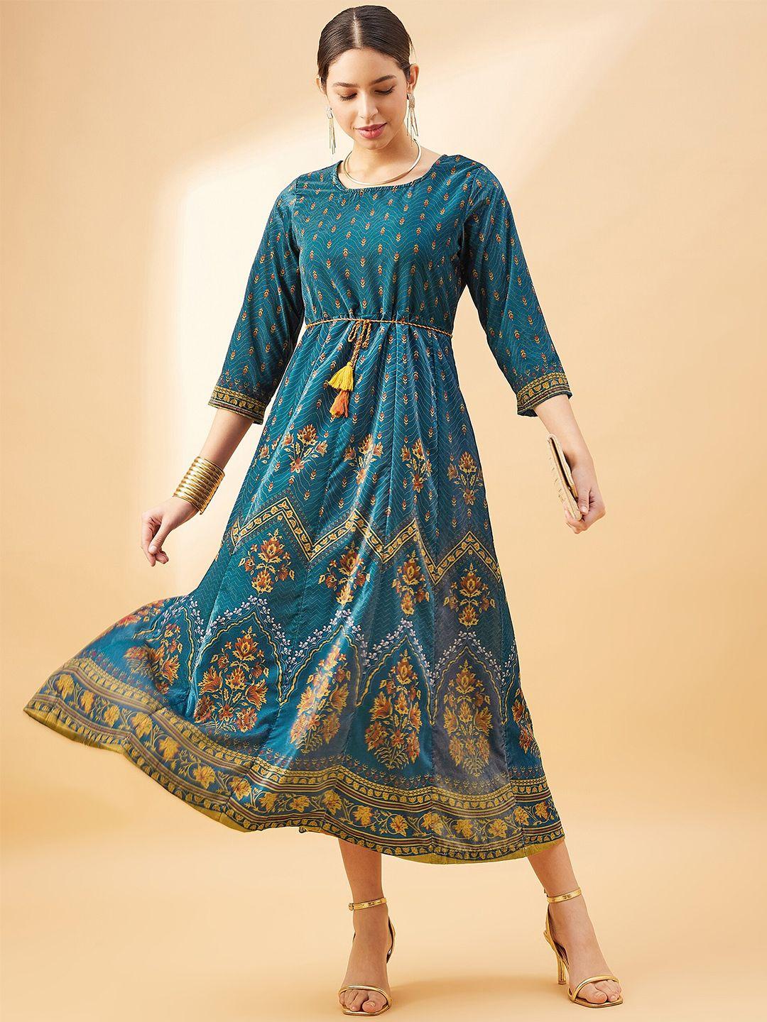 all about you blue ethnic motifs print velvet maxi dress
