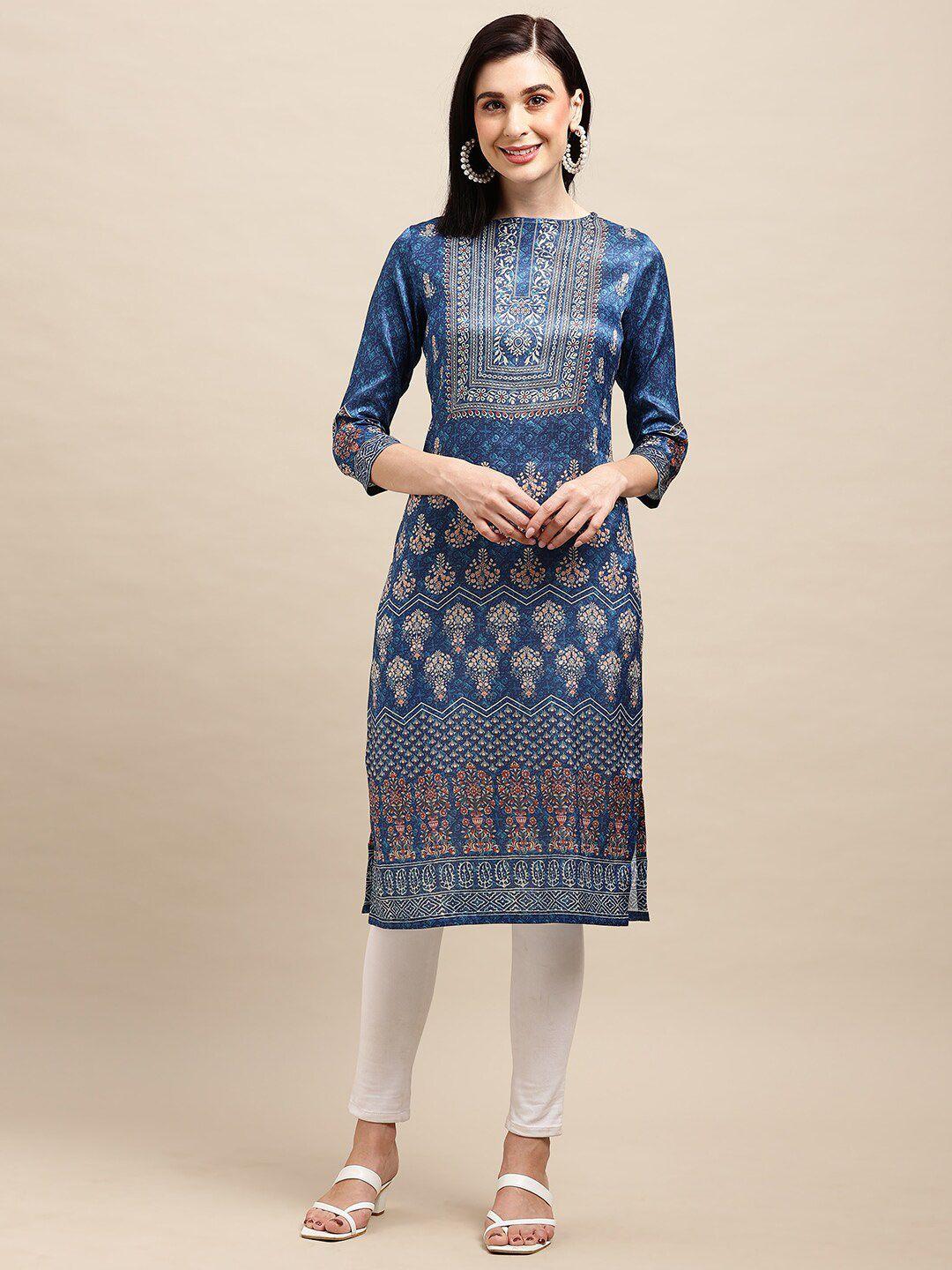 all about you blue ethnic motifs round neck pure chanderi silk kurta