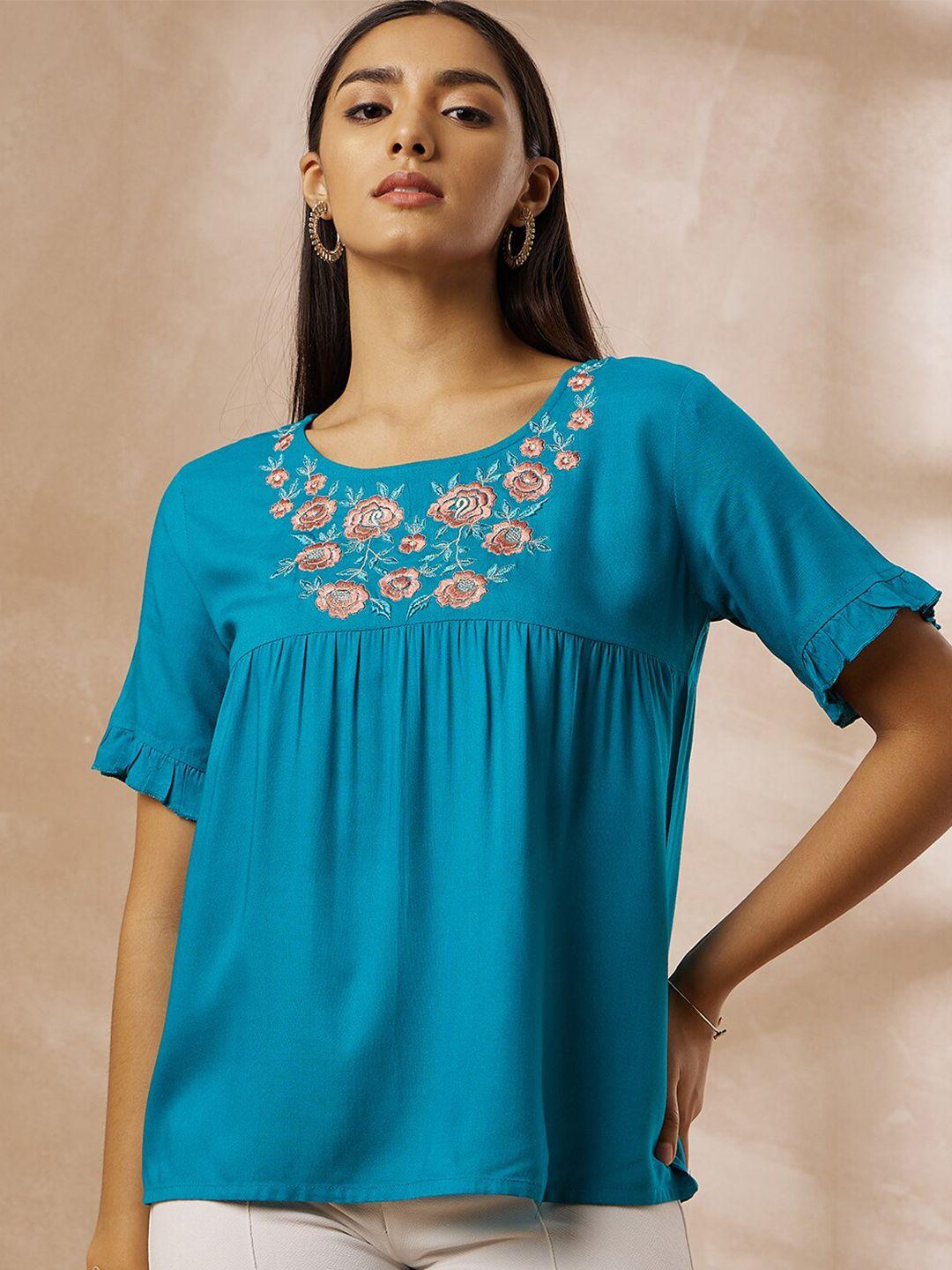 all about you blue floral embroidered round neck gathered cotton a-line top