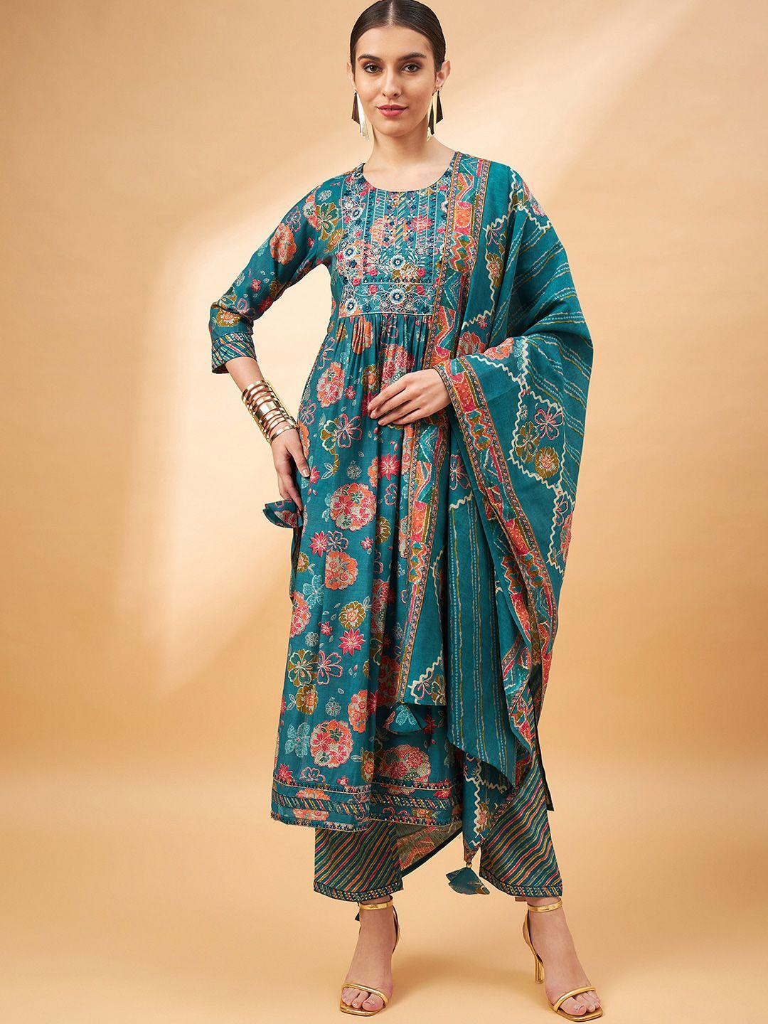 all about you blue floral printed thread work a-line kurta & trousers with dupatta