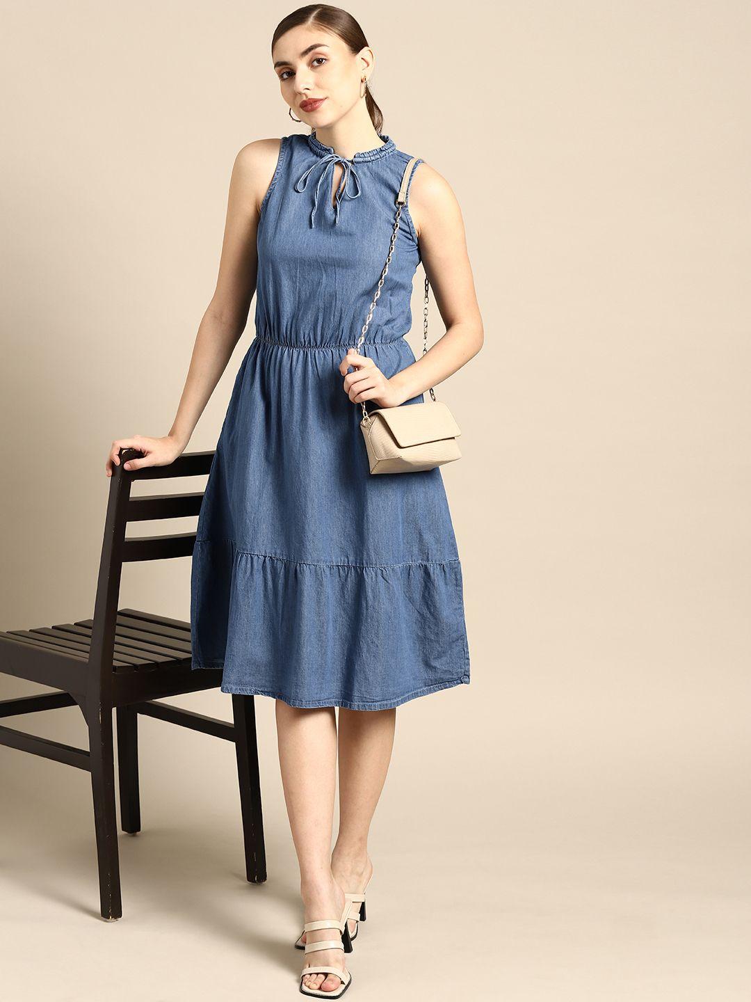 all about you blue mid wash denim tie-up neck a-line midi dress