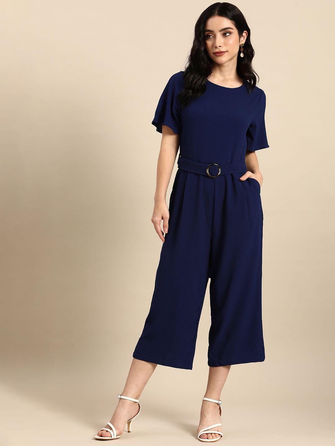 all about you blue solid basic jumpsuit with waist tie-ups