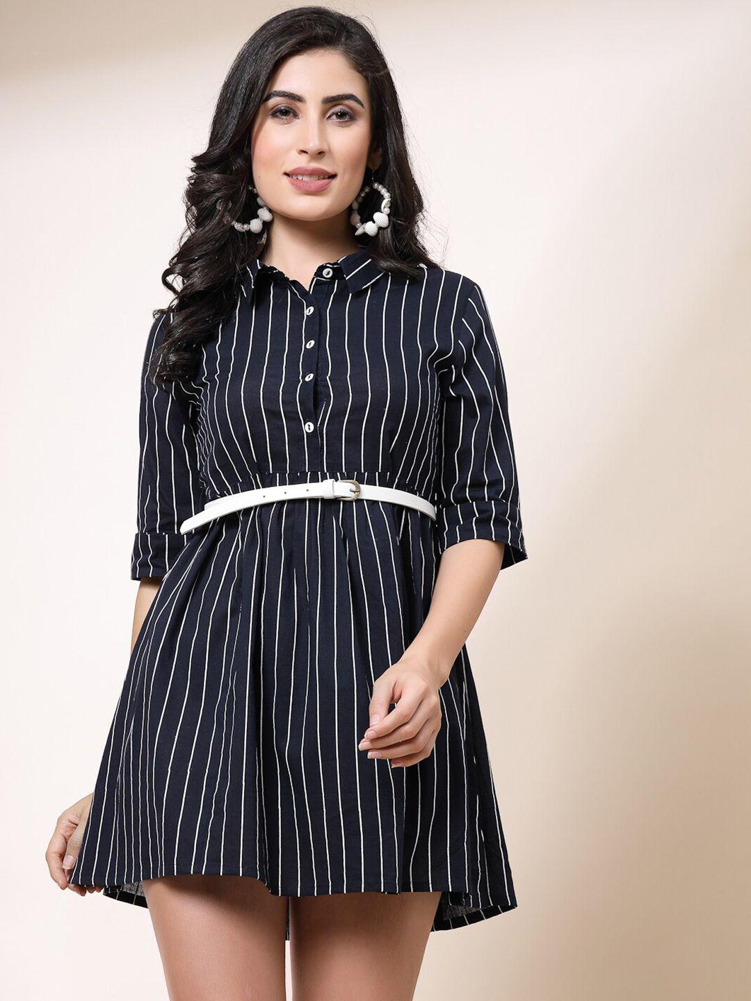 all about you blue striped shirt collar belted fit & flare mini dress