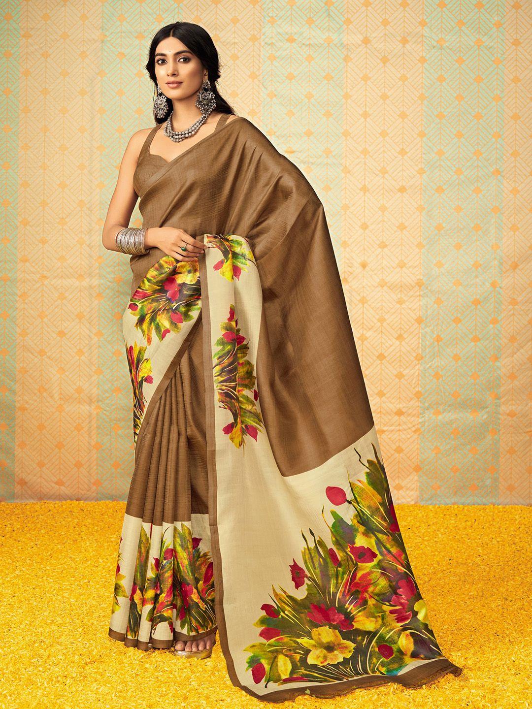 all about you brown & beige floral satin saree