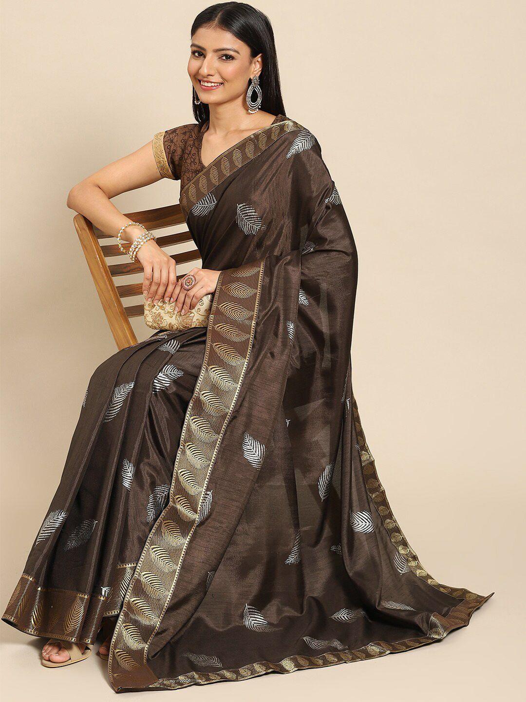 all about you brown & gold-toned floral printed zari poly crepe saree