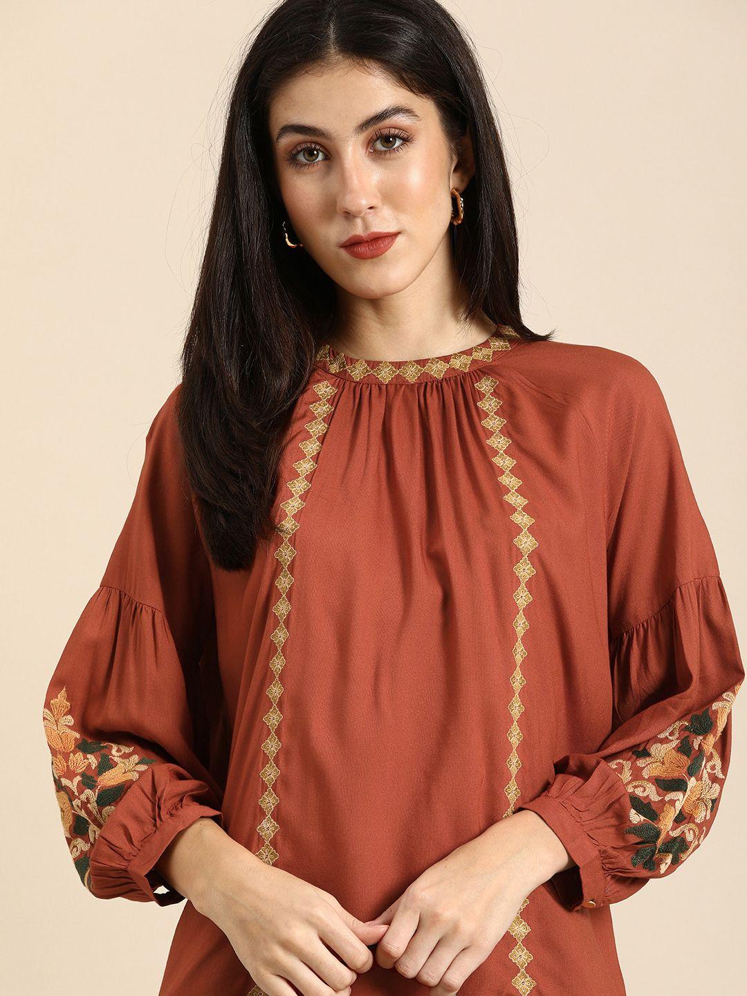 all about you brown & green floral embroidered boxy top