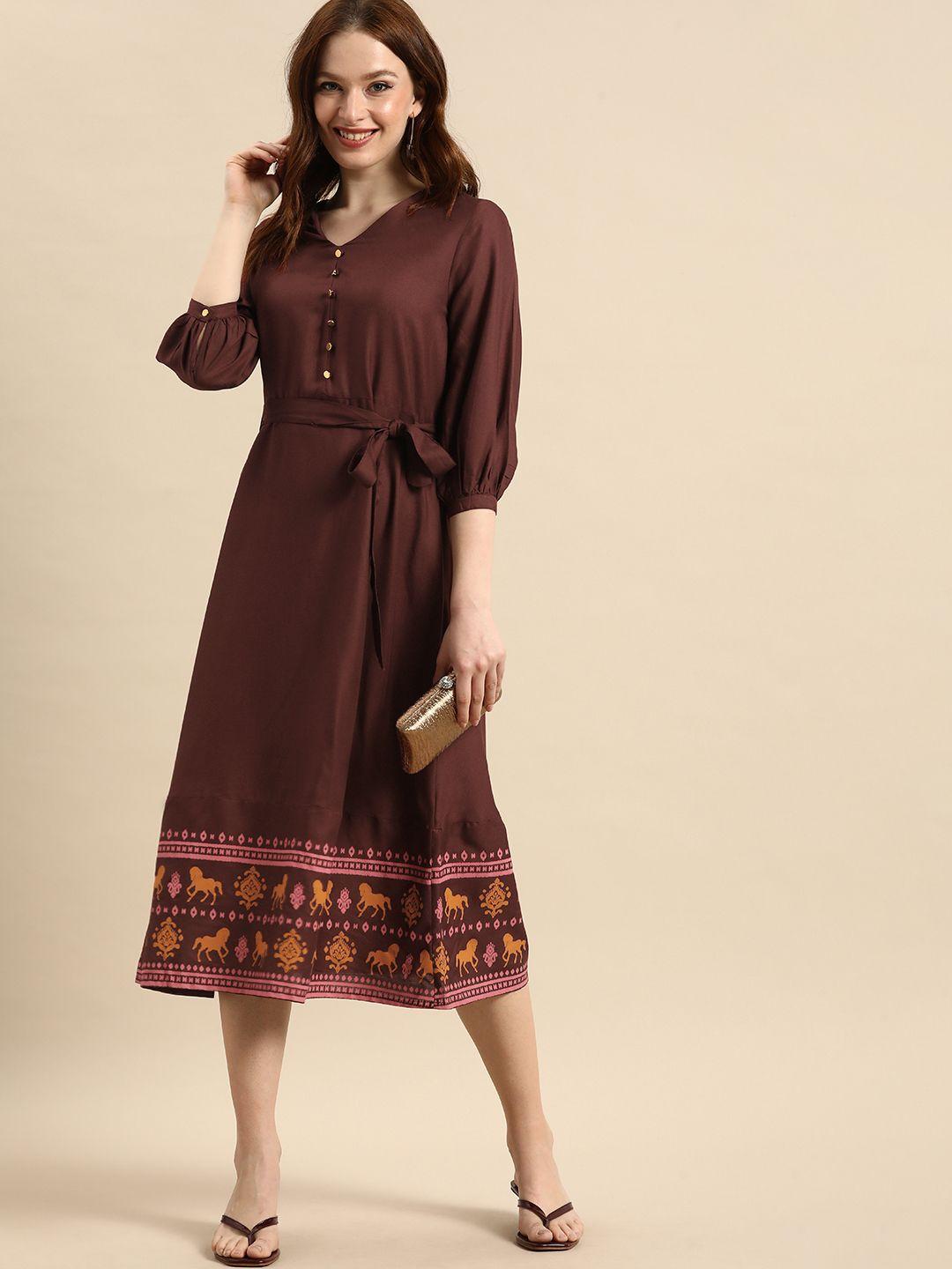 all about you brown & multicoloured ethnic motifs print a-line maxi dress