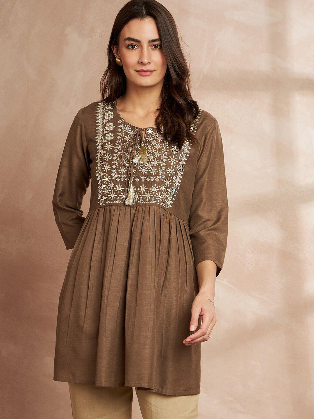 all about you brown embroidered pleated kurti