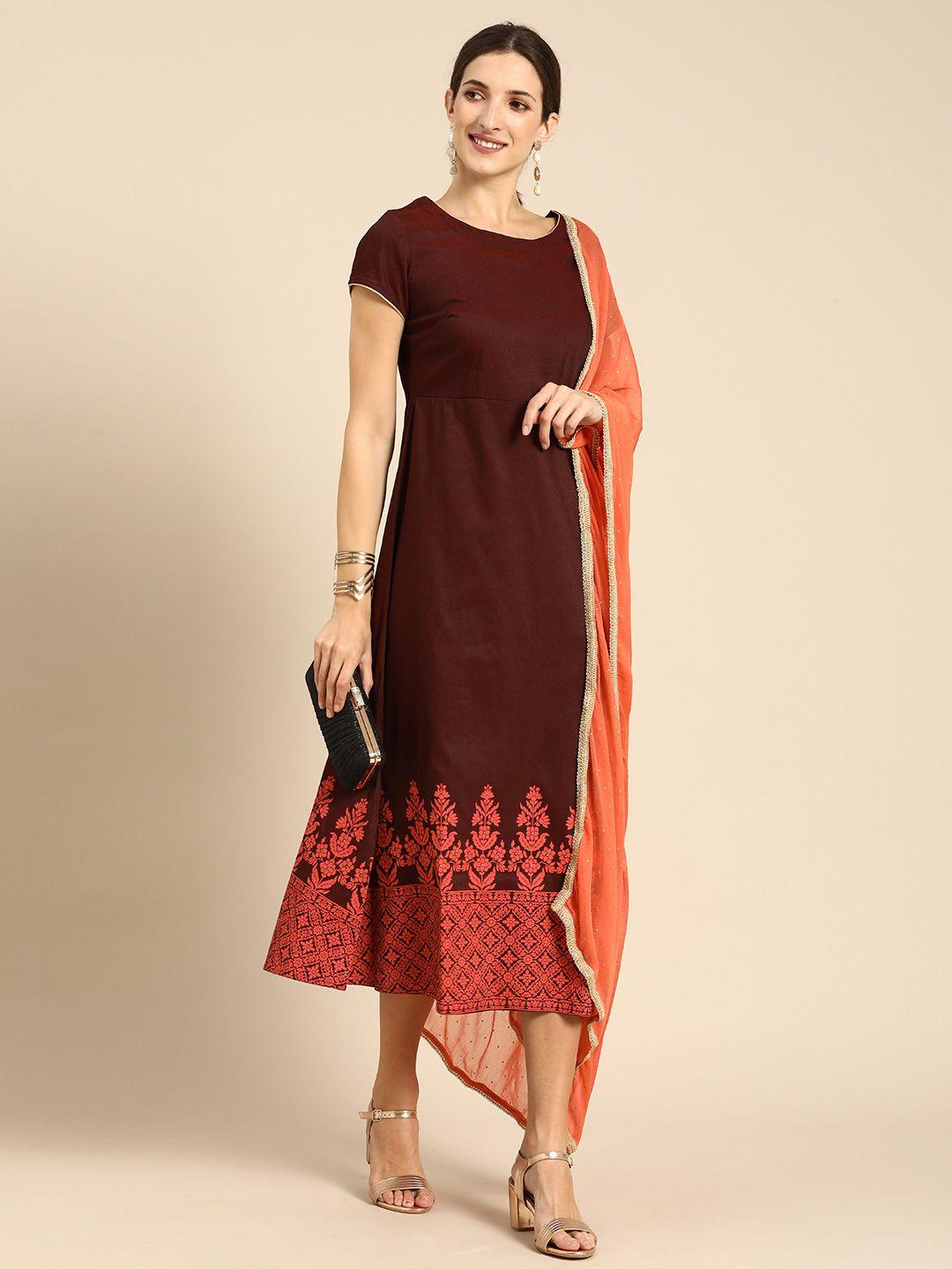 all about you brown ethnic motifs ethnic a-line midi dress with dupatta