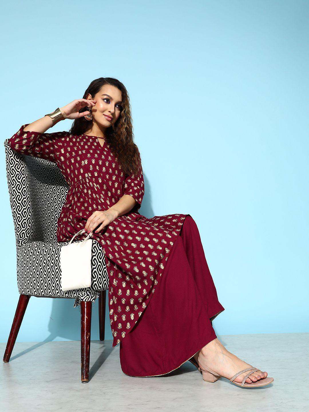 all about you carmine maroon printed a-line veere di wedding kurta with palazzos