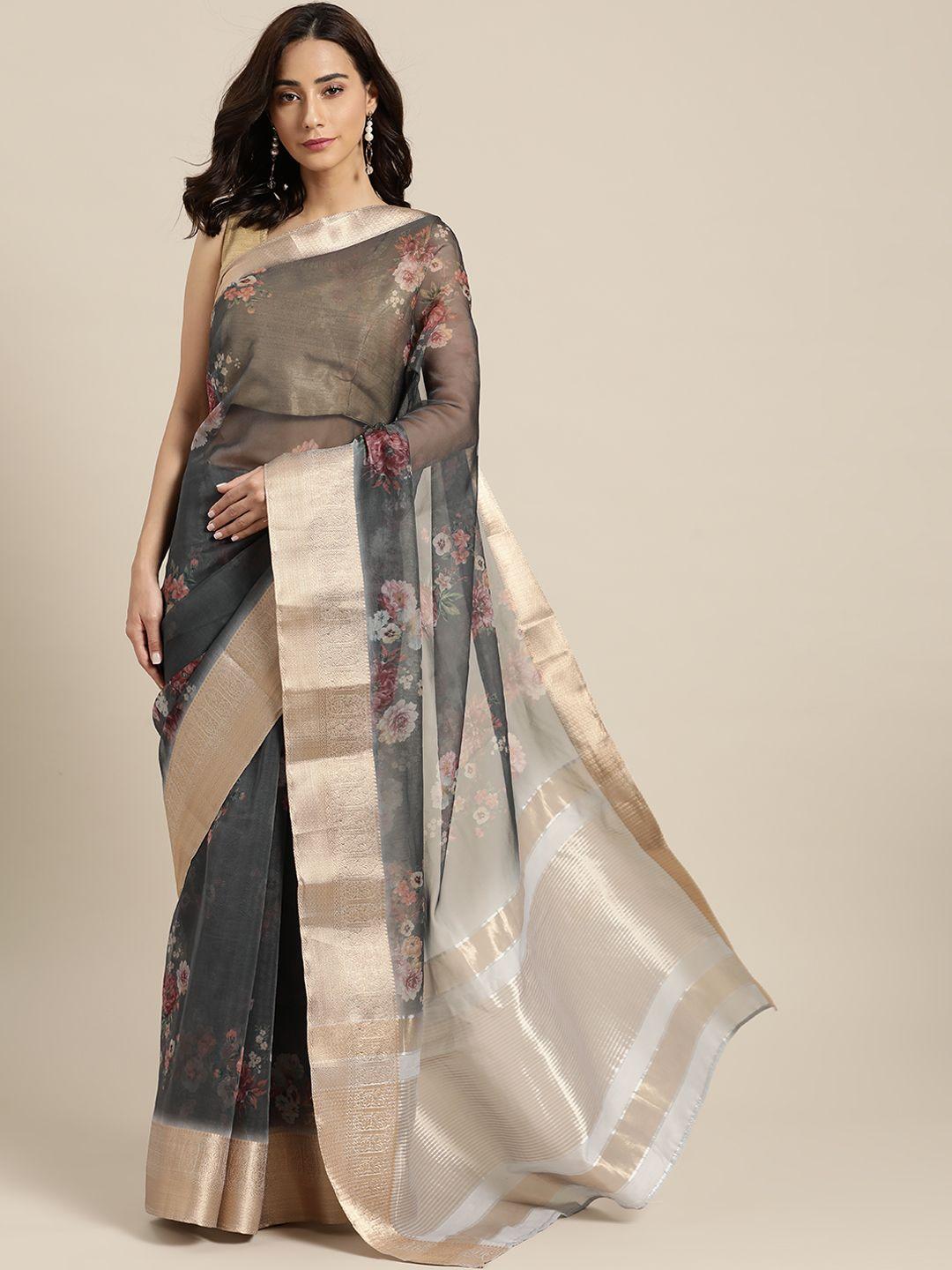 all about you charcoal grey & golden floral printed tissue saree