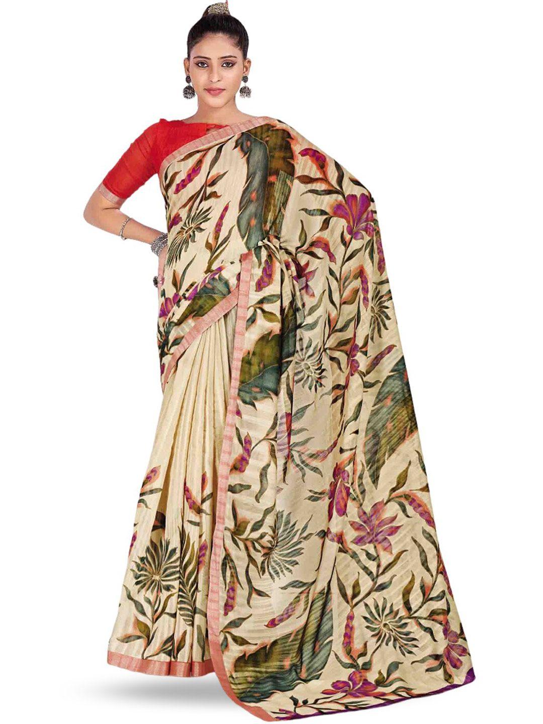 all about you cream-coloured & green floral printed saree