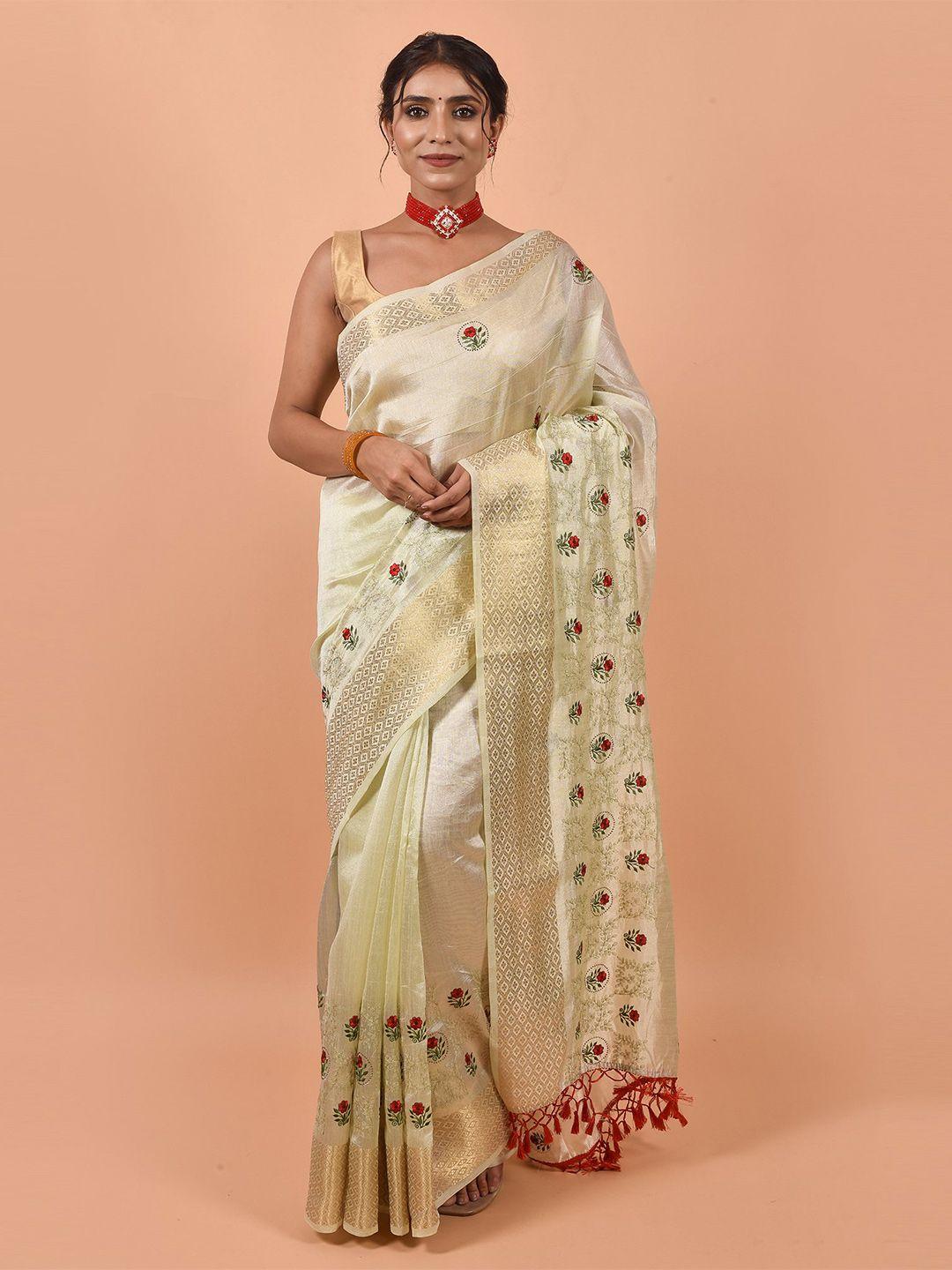 all about you cream-coloured & red floral embroidered saree