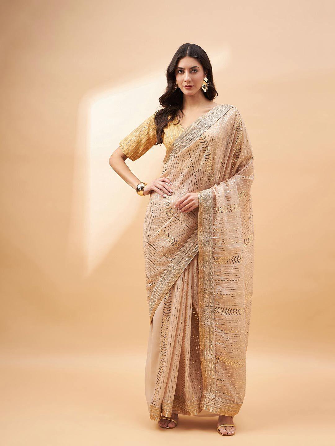 all about you cream-coloured ethnic motifs sequinned net banarasi saree