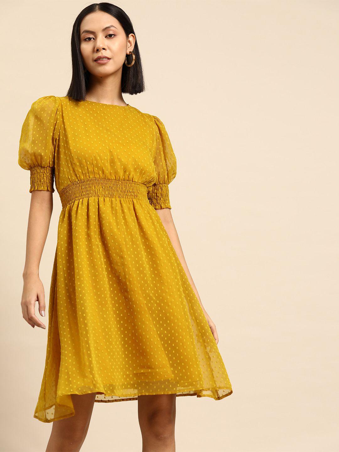 all about you dobby woven puff sleeve fit & flare dress