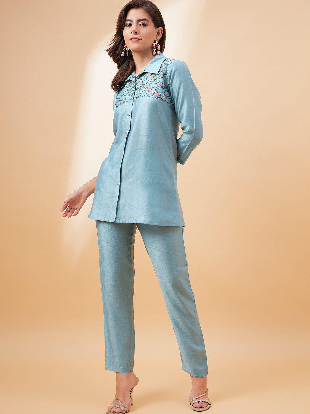 all about you embroidered shirt collar tunic with trousers co-ords