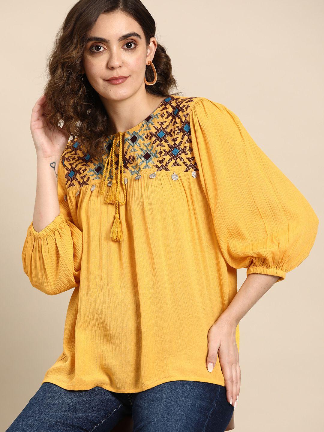 all about you embroidered tie-up neck puff sleeves top