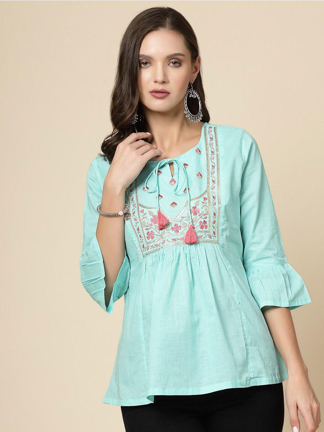 all about you ethnic embroidered tie-up neck bell sleeves gathered cotton casual top