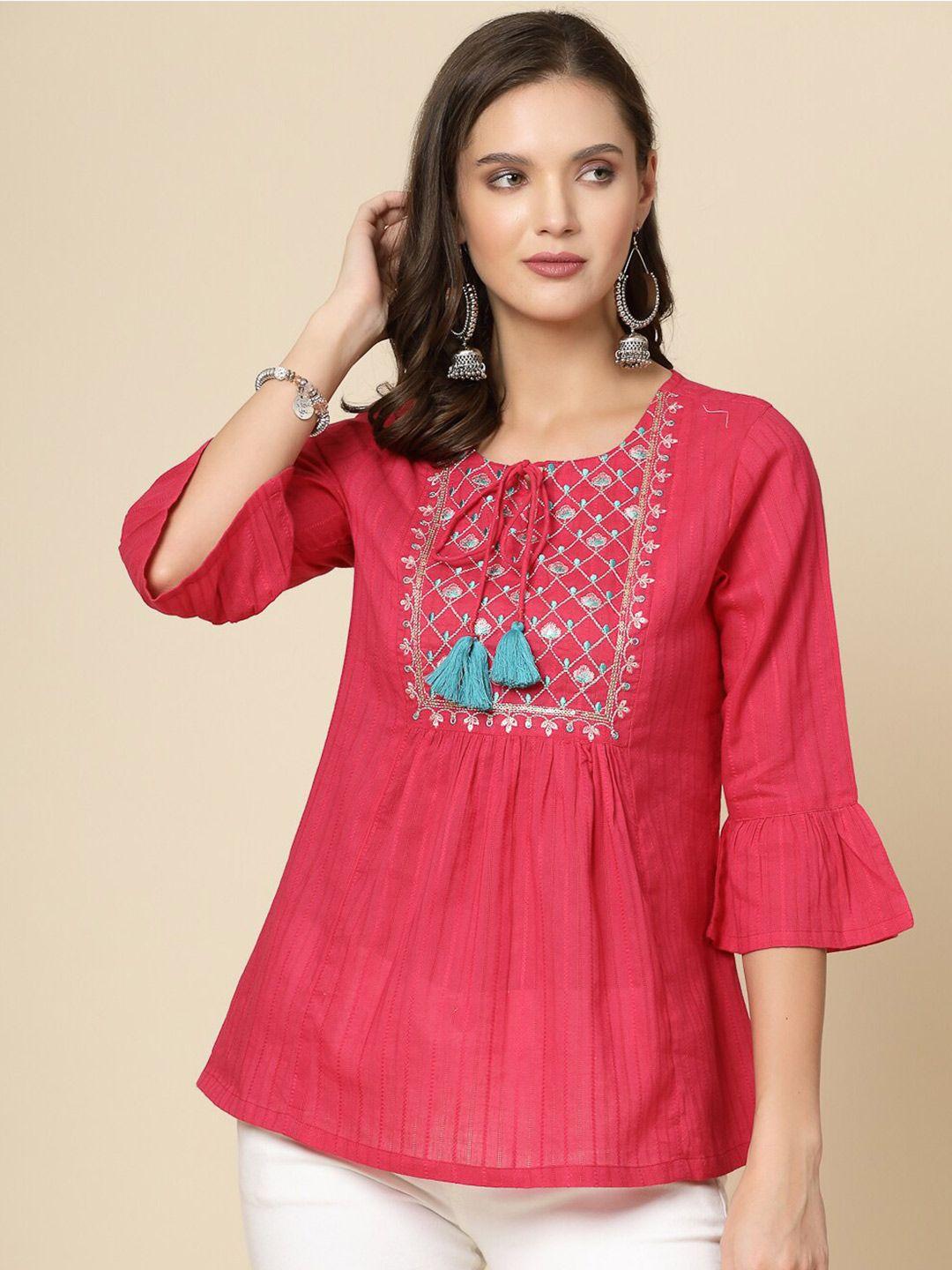 all about you ethnic embroidered tie-up neck bell sleeves gathered cotton casual top