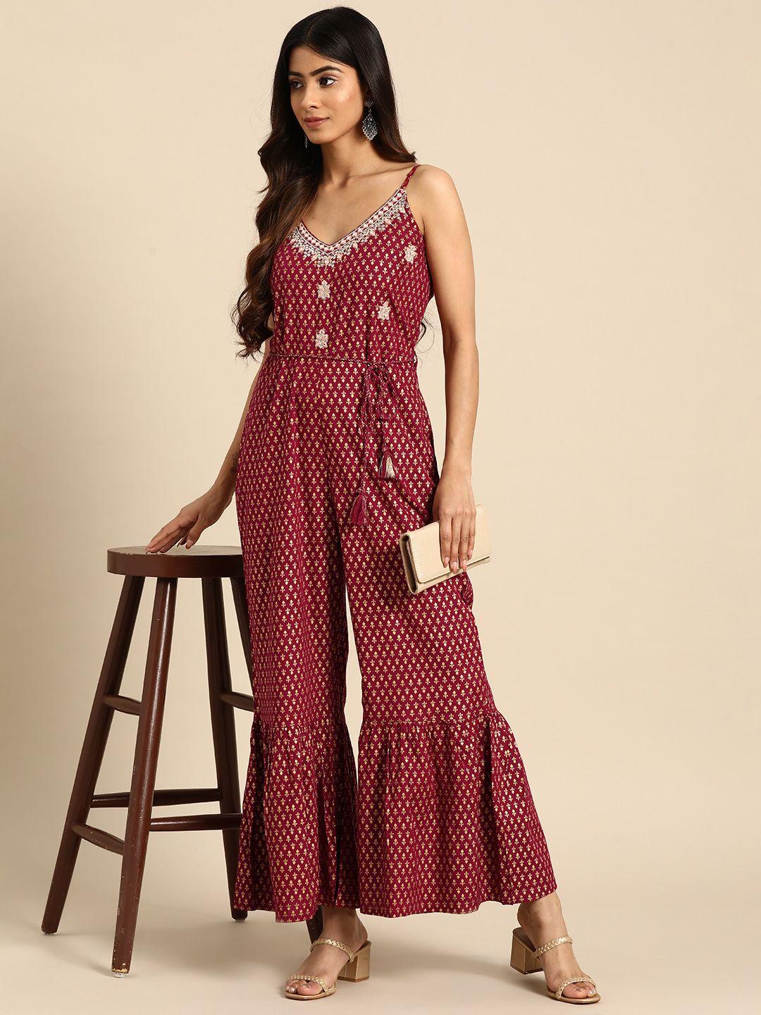 all about you ethnic motif printed shoulder straps embroidered jumpsuit
