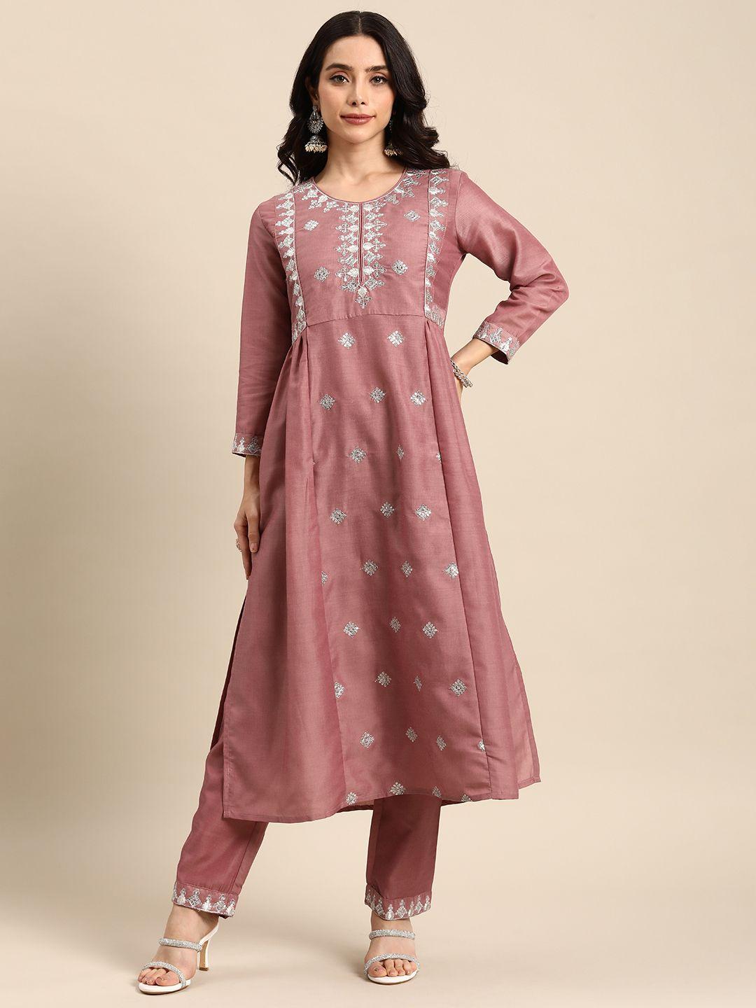 all about you ethnic motifs embroidered pleated sequinned kurta with trousers