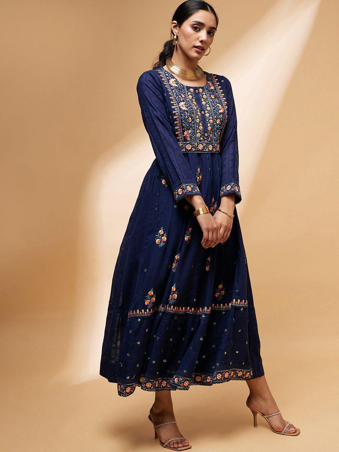 all about you ethnic motifs embroidered sequined cotton dobby ethnic midi dress