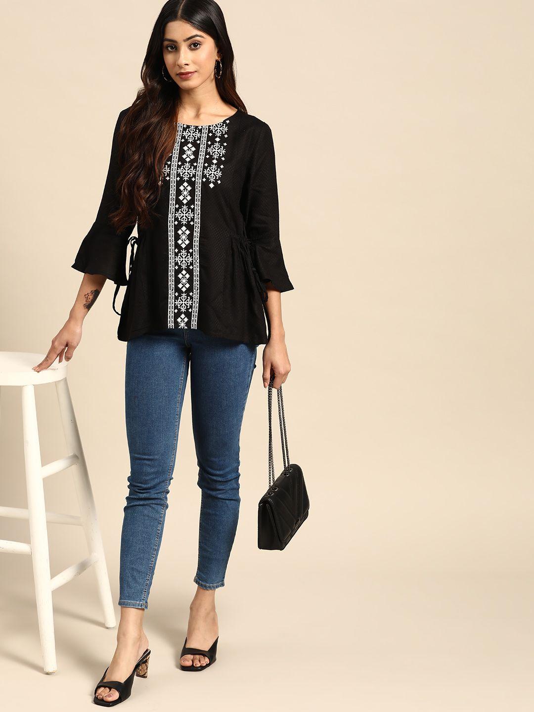 all about you ethnic motifs embroidered tie-up detail a-line top