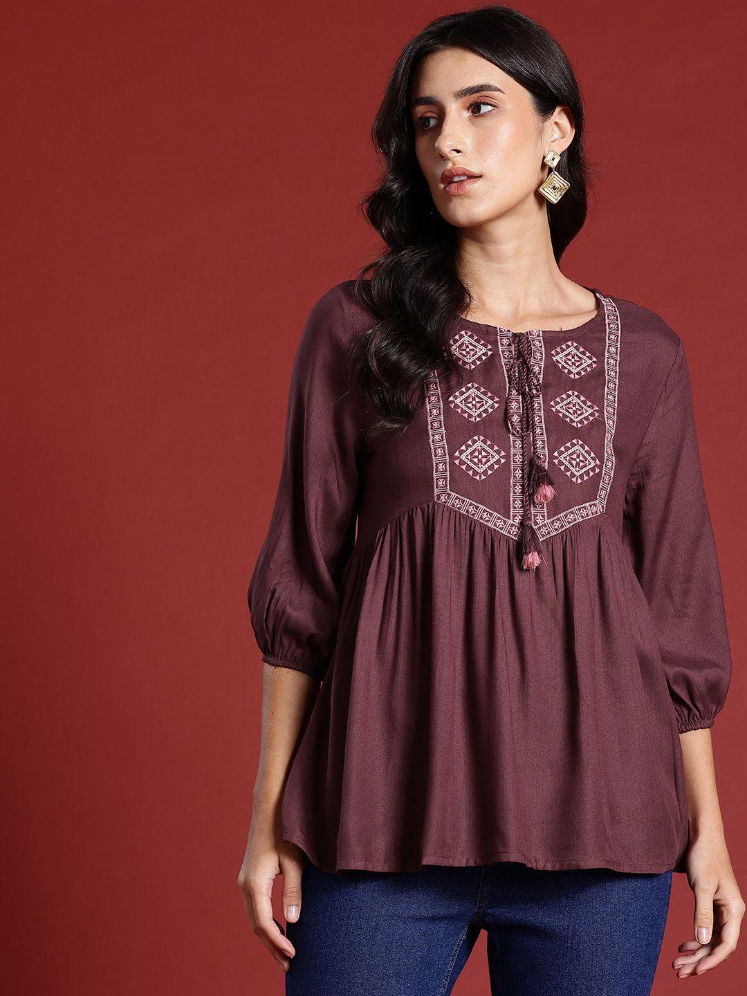 all about you ethnic motifs embroidered yoke tie-up neck puff sleeves a-line top