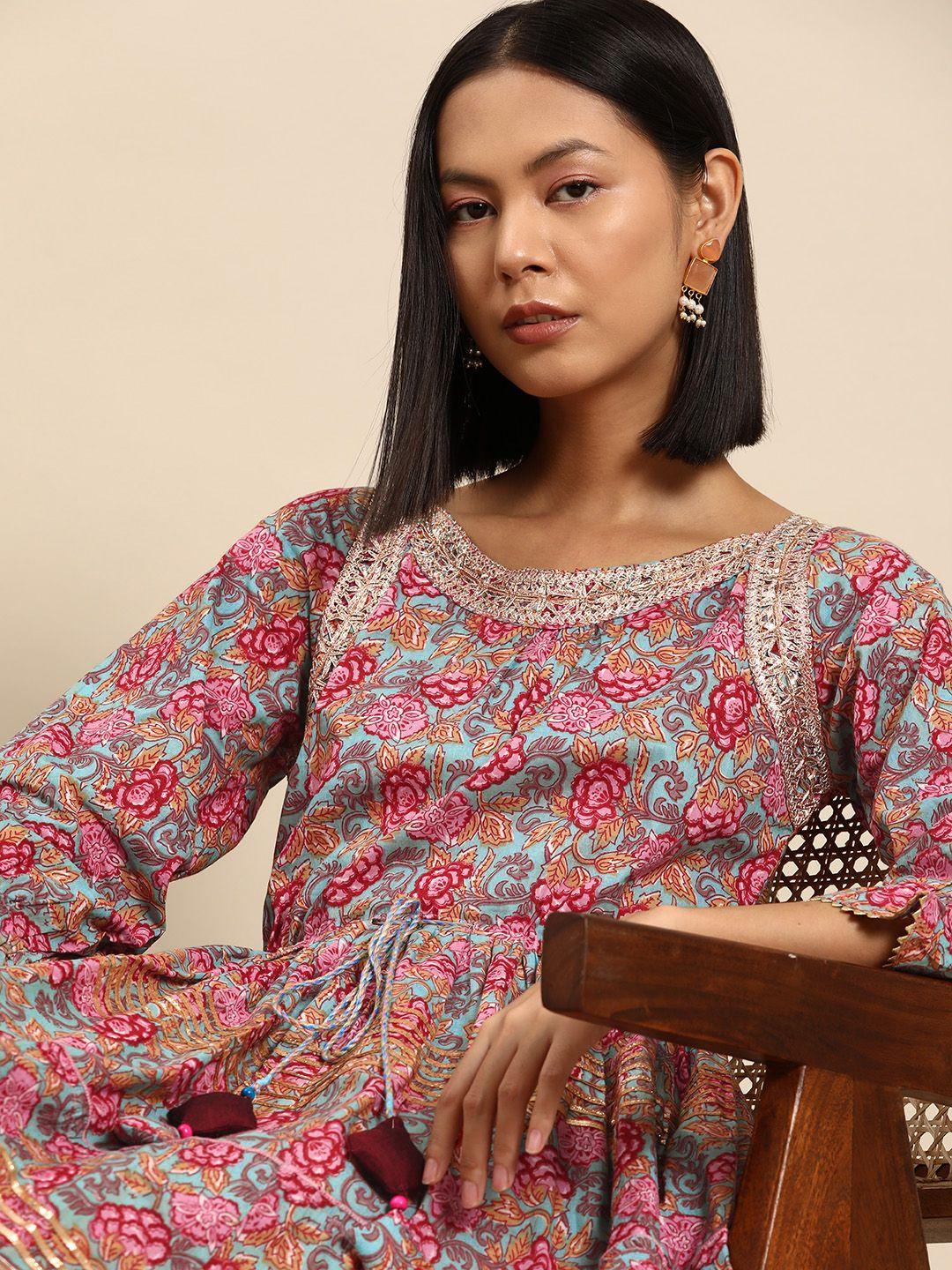all about you ethnic motifs print bell sleeves cotton tiered a-line midi dress