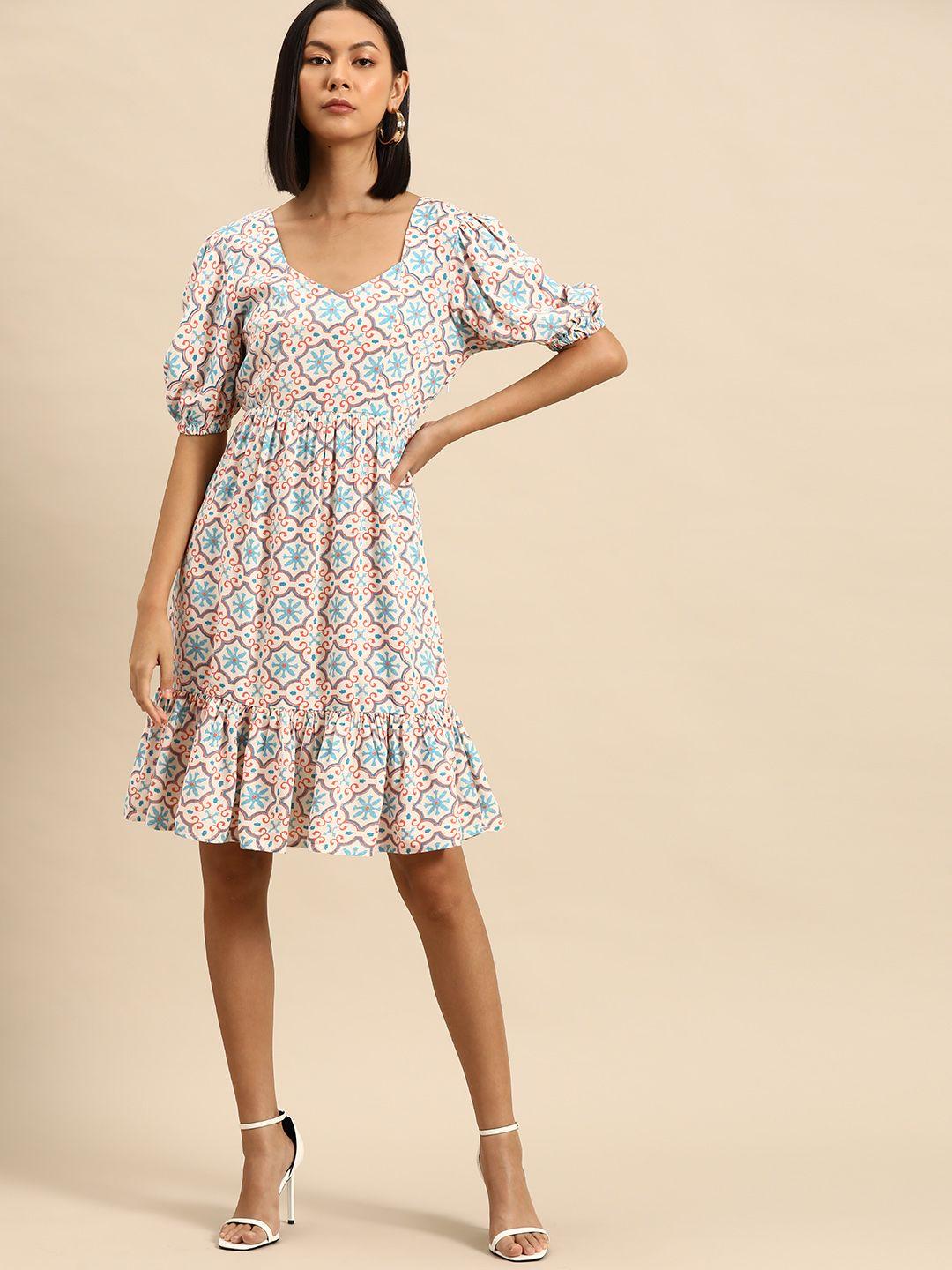 all about you ethnic motifs print puff sleeve a-line dress