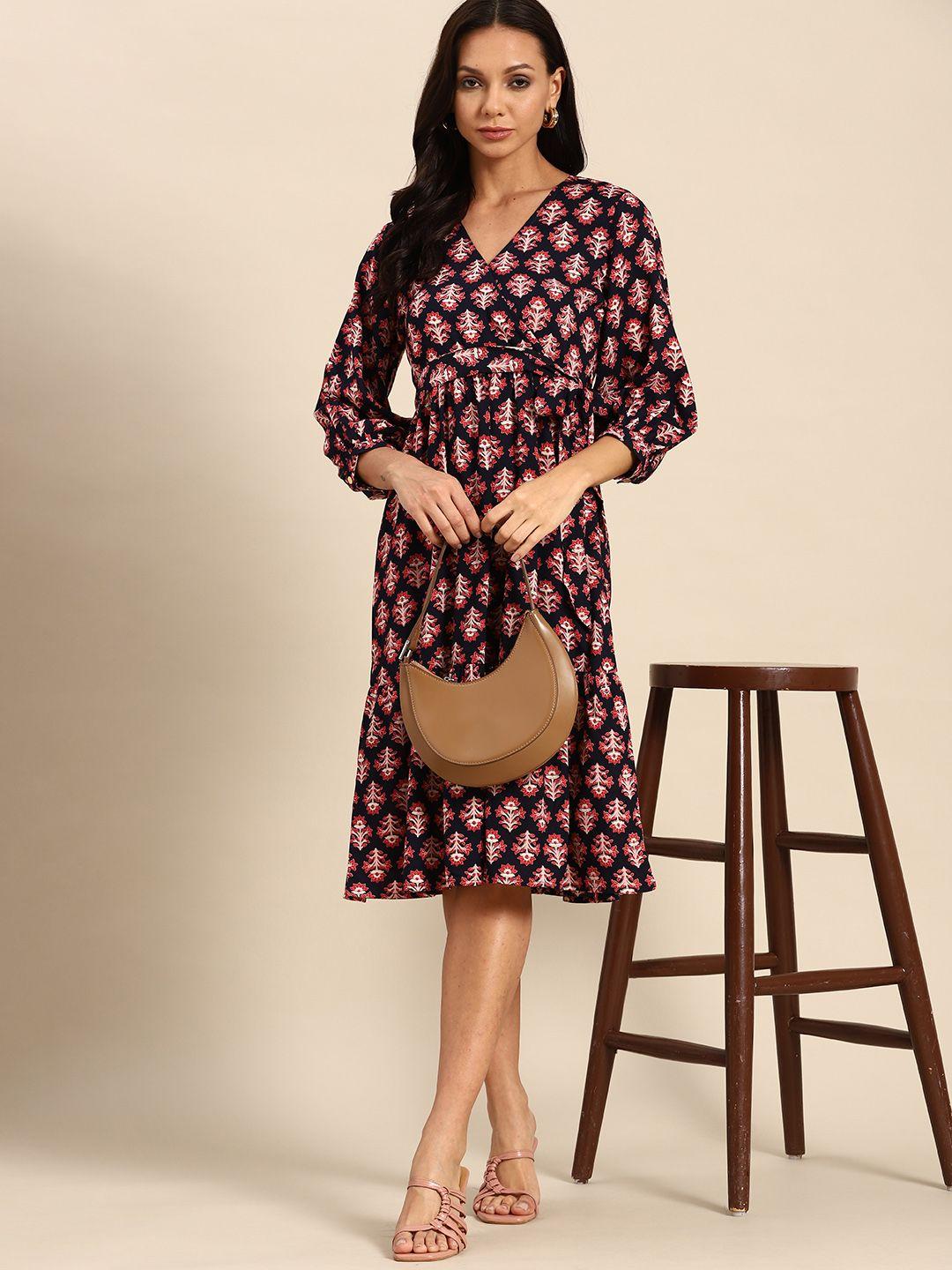 all about you ethnic motifs print puff sleeve midi dress