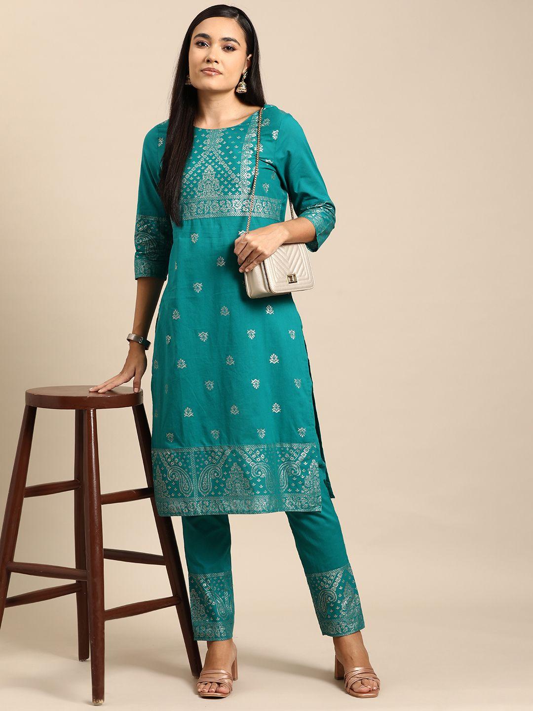 all about you ethnic motifs print pure cotton kurta with trousers