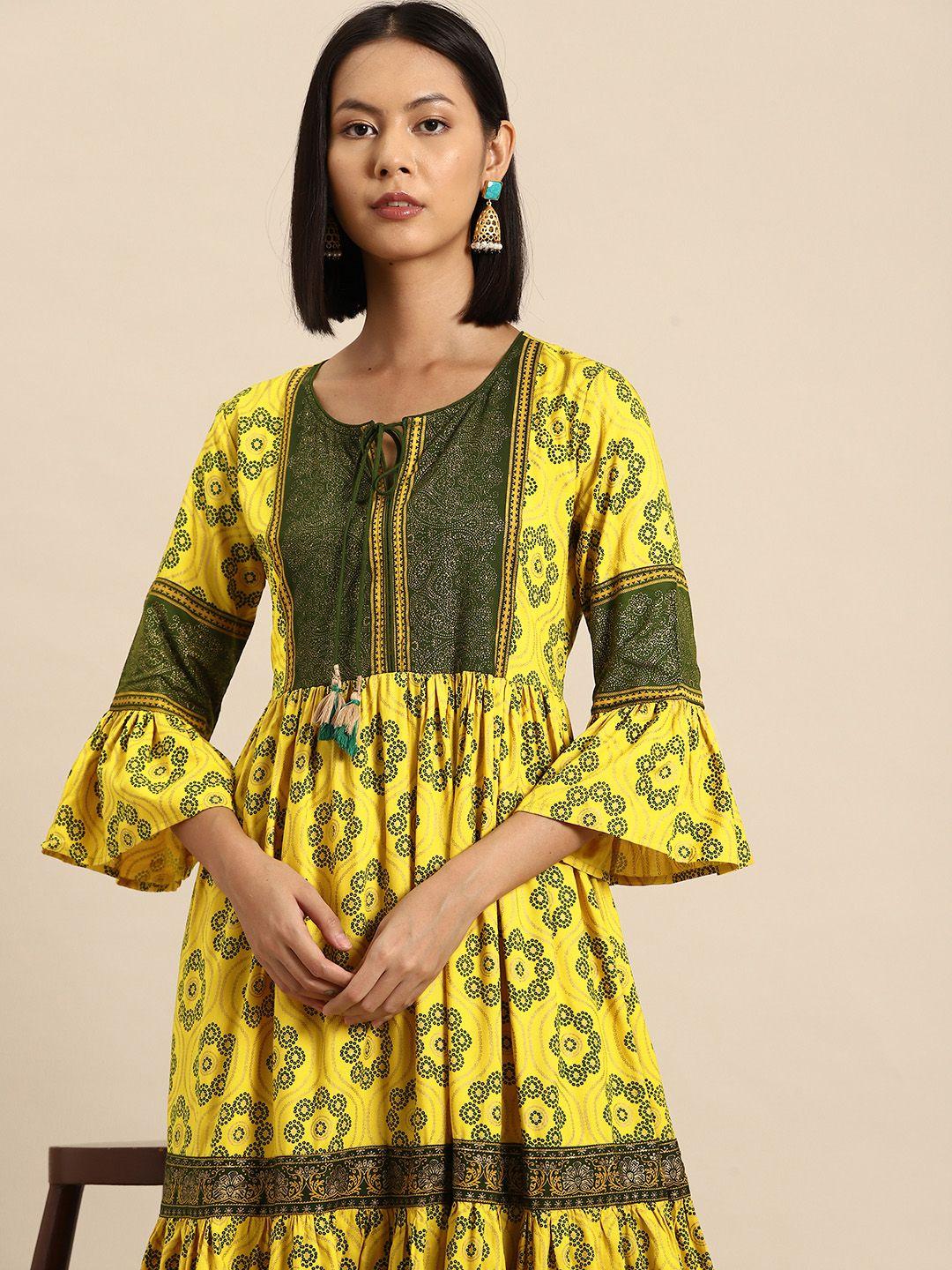 all about you ethnic motifs print tie-up neck bell sleeves liva a-line midi dress