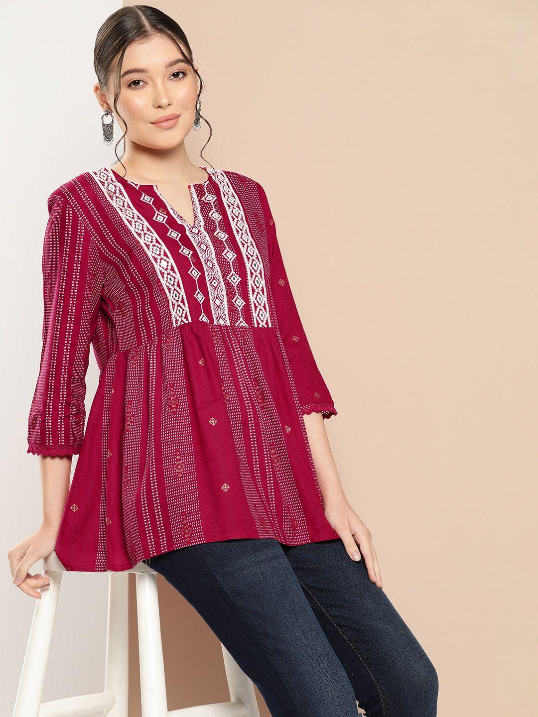 all about you ethnic motifs printed mirror work a-line kurti with gathered waist