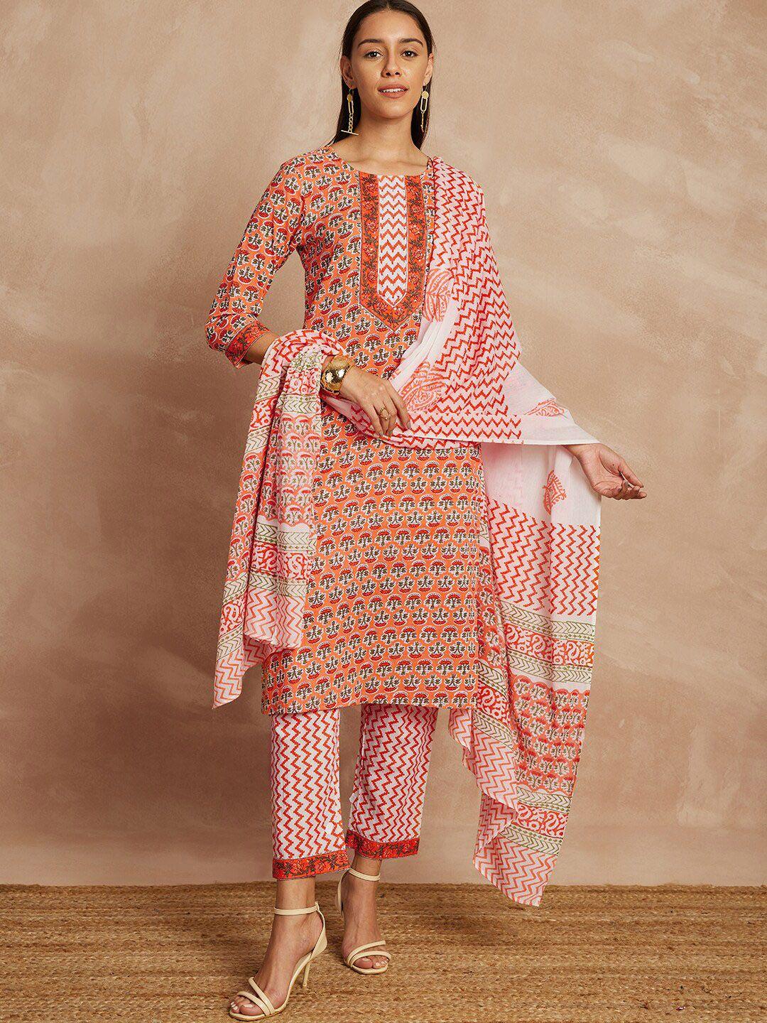 all about you ethnic motifs printed pure cotton straight kurta & trousers with dupatta