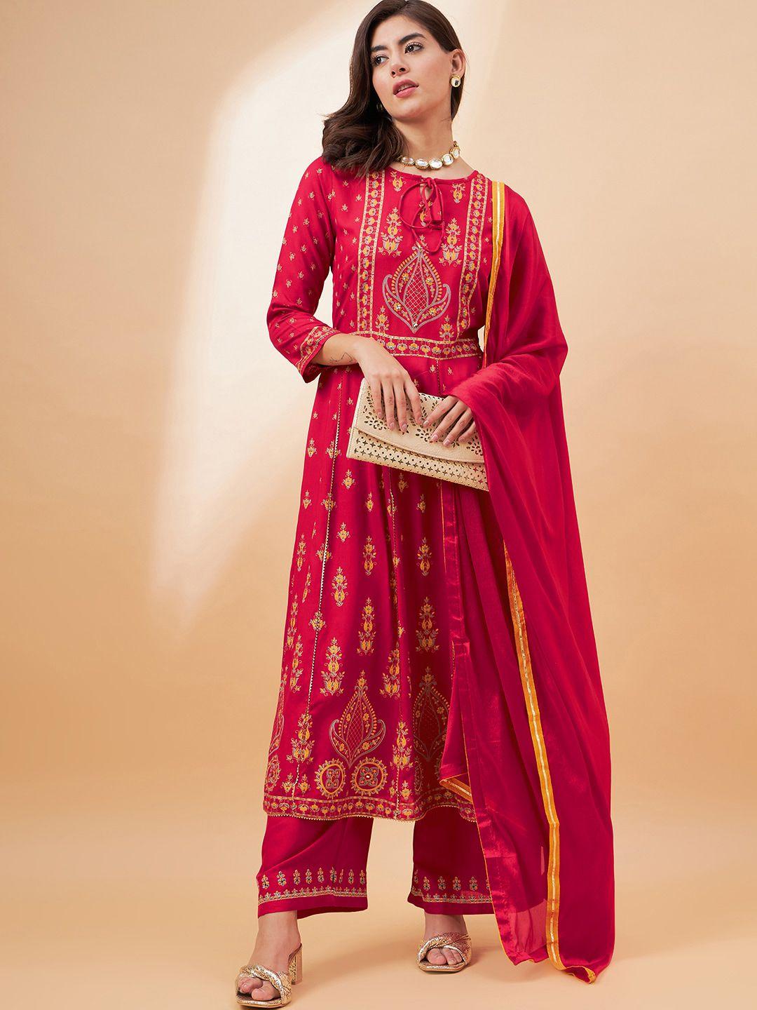 all about you ethnic motifs printed sequined pleated a-line kurta with palazzos & dupatta