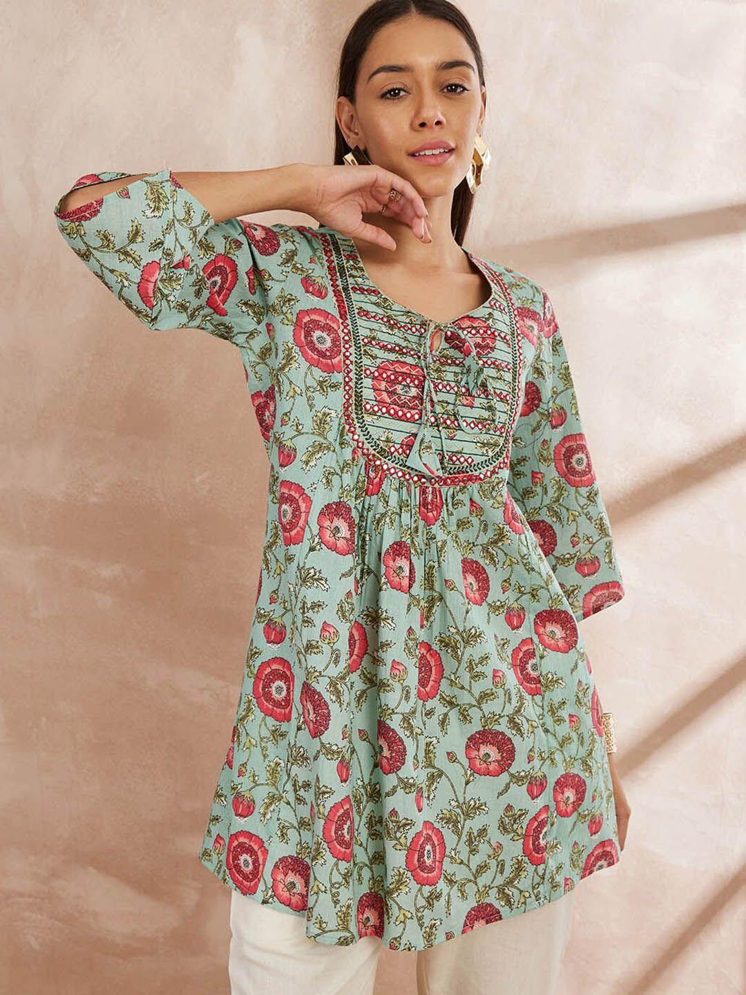 all about you ethnic motifs printed tie-up neck mirror work pure cotton a-line kurti