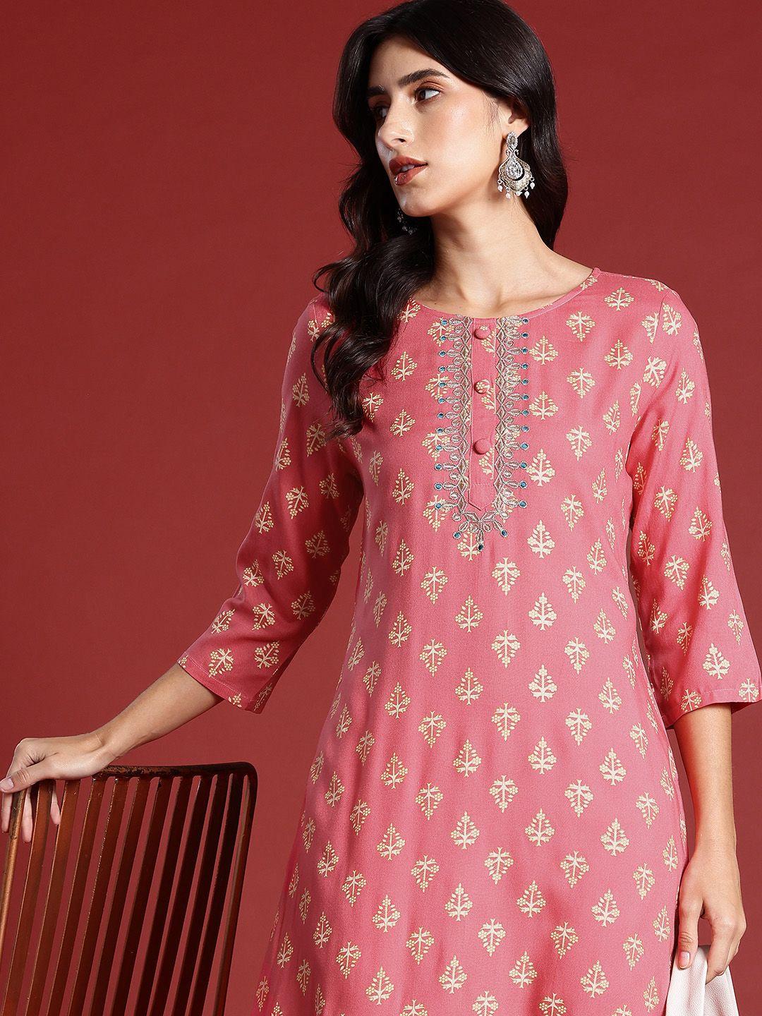 all about you ethnic motifs printed zari detail yoke design kurta