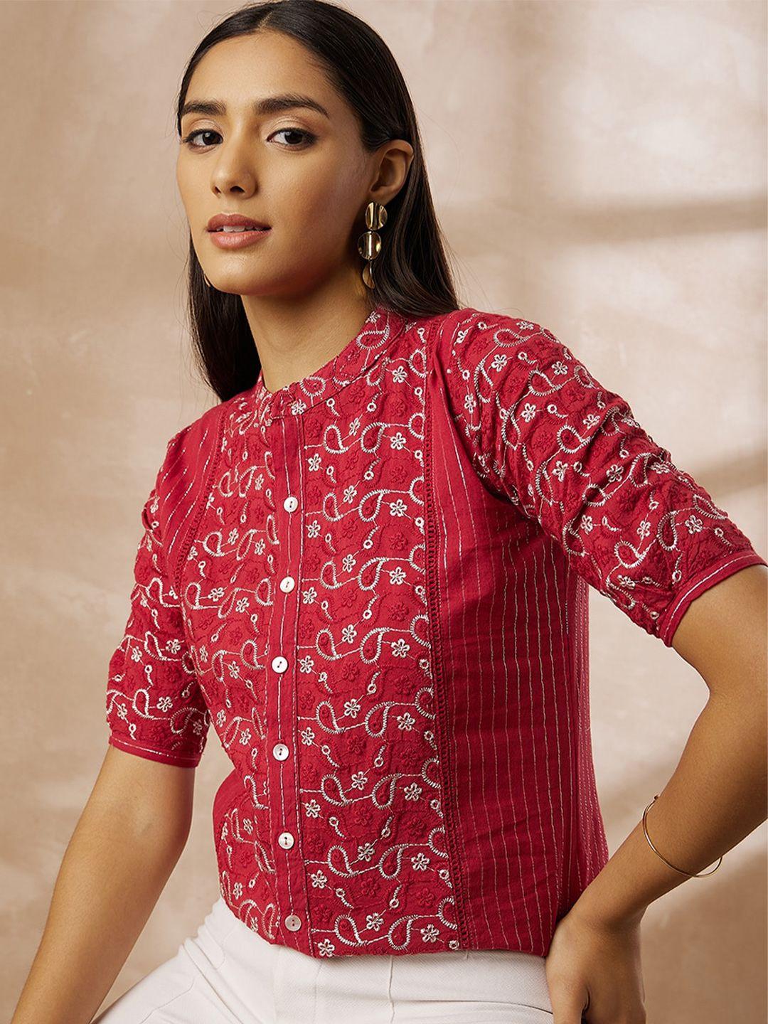 all about you floral embroidered mandarin collar cotton shirt style top