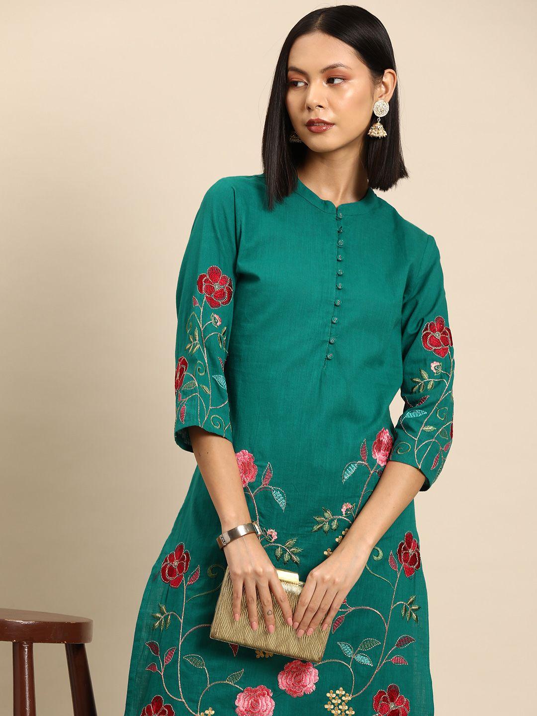 all about you floral embroidered pure cotton kurta with trousers