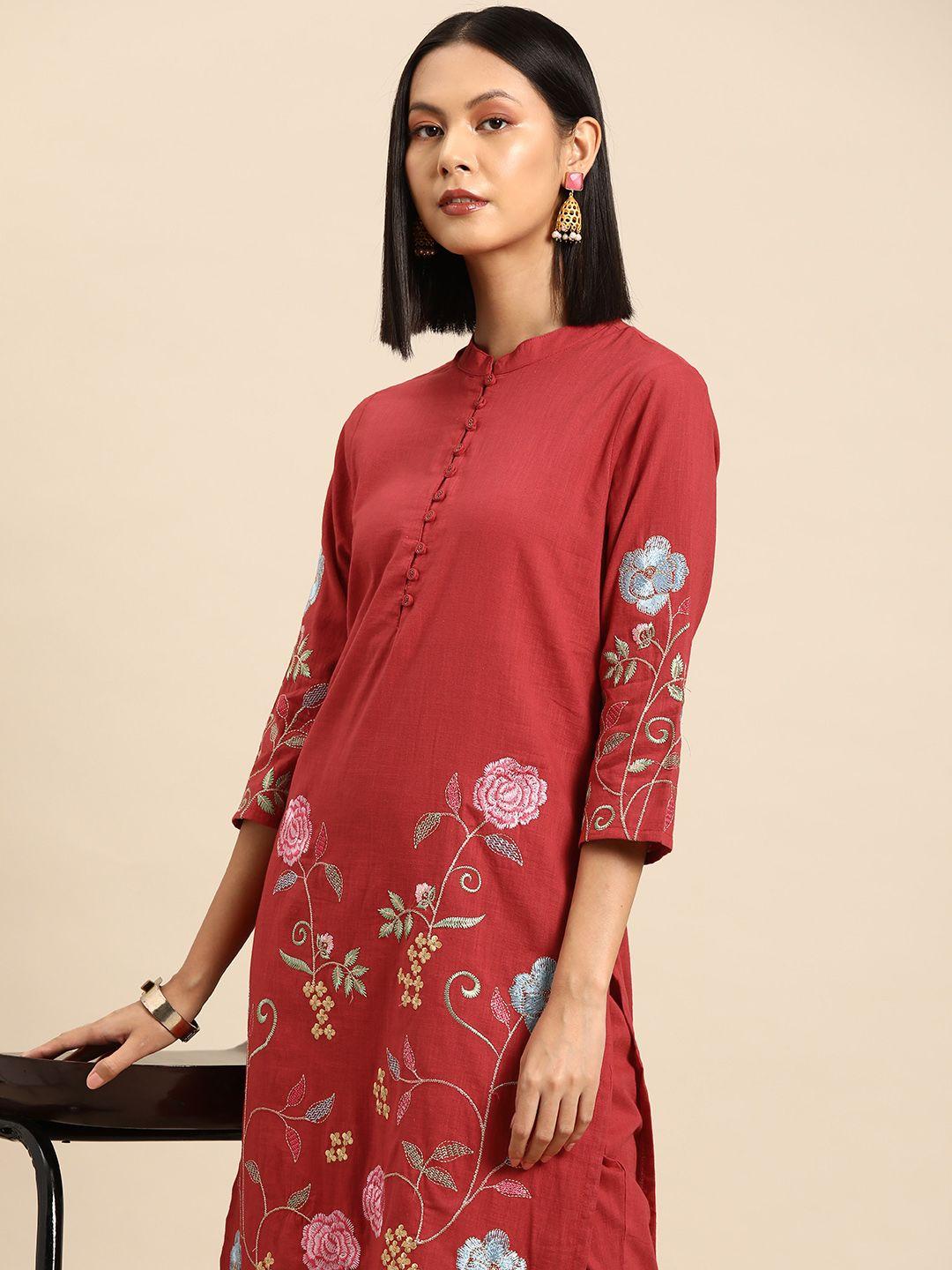all about you floral embroidered pure cotton kurta with trousers