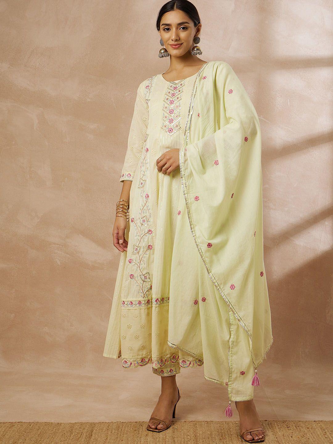 all about you floral embroidered sequinned cotton schiffli a-line kurta set & dupatta