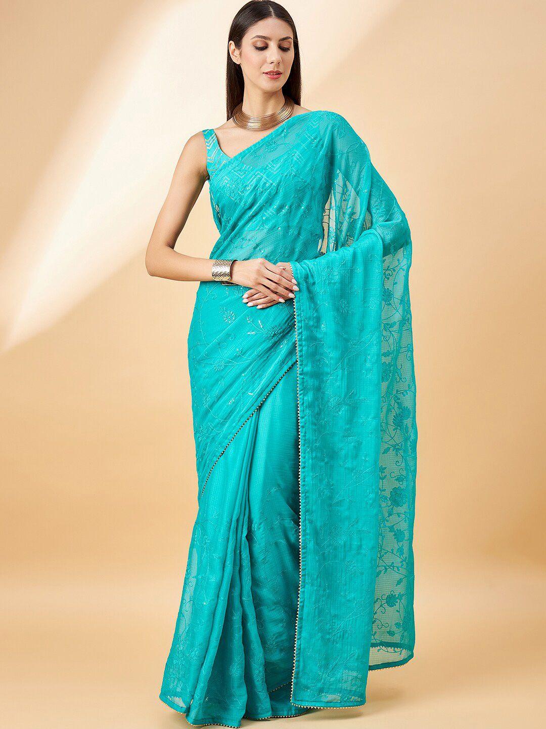 all about you floral embroidered sequinned pure chiffon saree